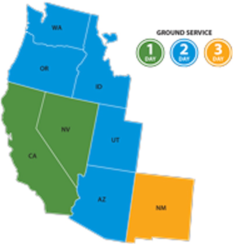 GLS map shows 1, 2,and 3 day ground logistics service to western US states