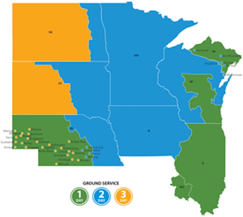 Speedee map shows 1, 2, and 3 day ground freight & shipping services to midwestern states