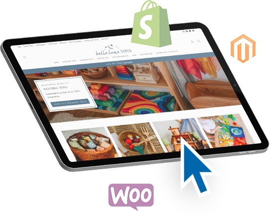tablet with an online marketplace displayed and common eCommerce logos