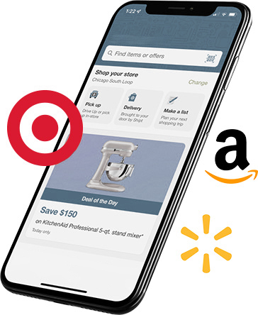 phone with a generic ecommerce marketplace shopping app open, and common commerce logos