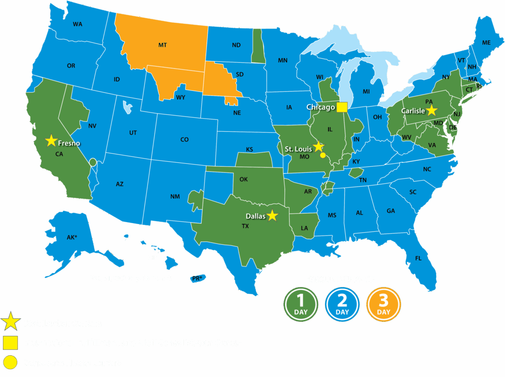 DM Fulfillment Map of the US with 1, 2, and 3 day delivery service