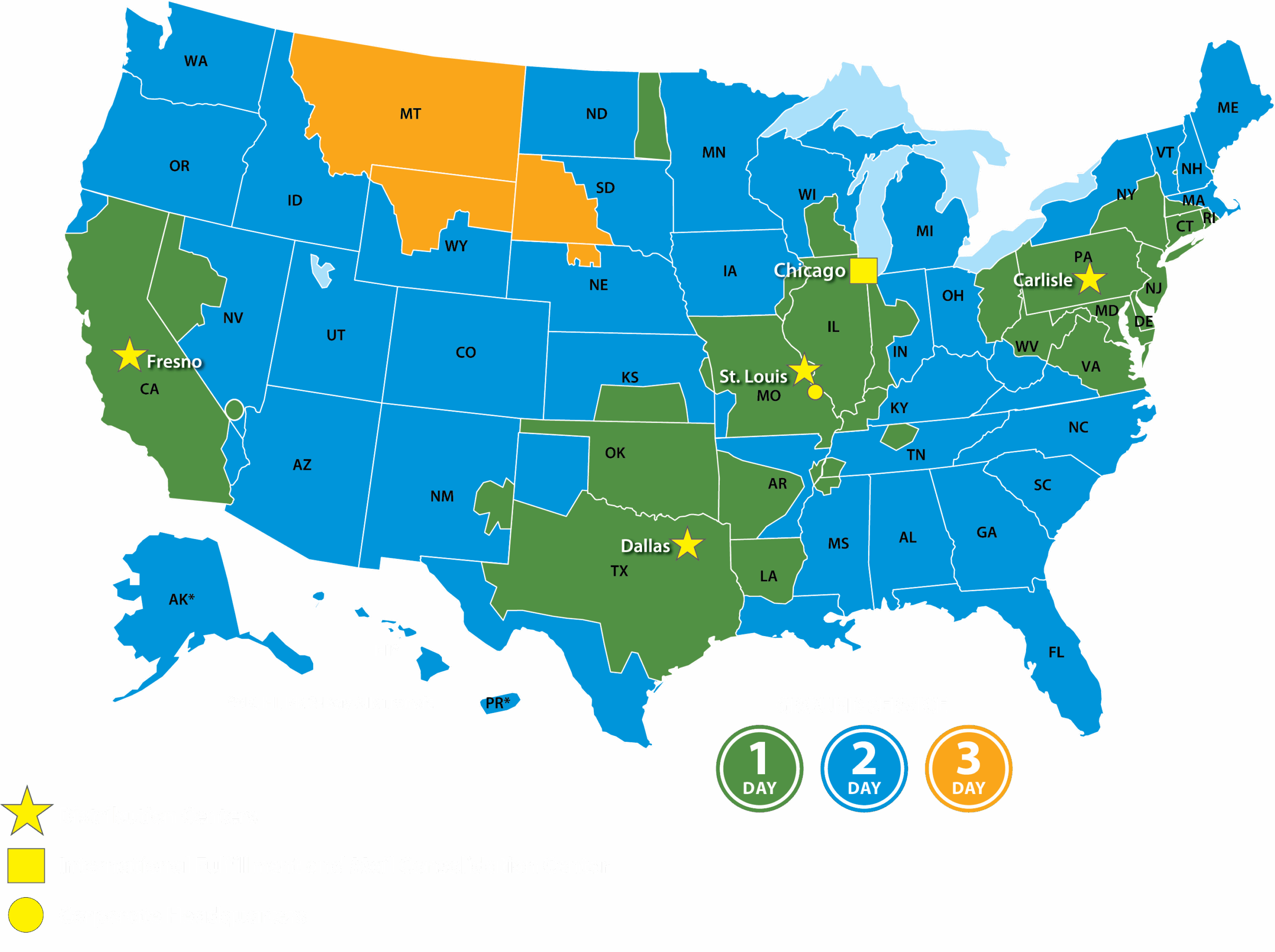 DM Fulfillment Map of the US with 1, 2, and 3 day delivery service