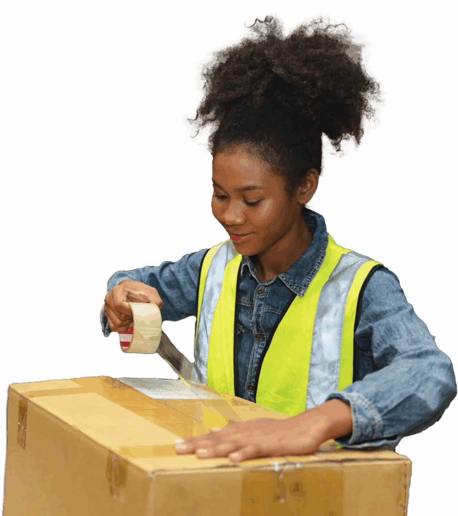 Distribution Management Fulfillment Services employee taping a box shut